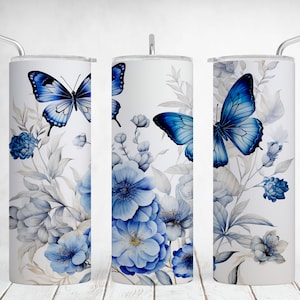 Designs de embrulho de copo com borboleta branca flor azul arquivos PNG downloads de designs de sublimação para copos magros de 20 onças sem costura reta cônica