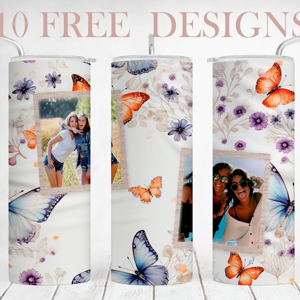 2 Picture Tumbler Wrap Butterflies Floral Tumbler Sublimation Designs For 20OZ Skinny Cups Seamless Tumbler Png Files With 2 Photo Frames