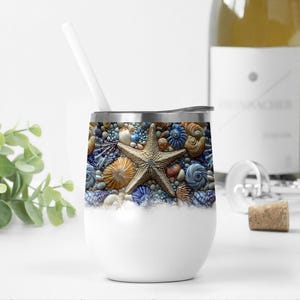 Envoltura para vaso de vino, estrellas de mar, conchas marinas (archivos PNG para diseños de sublimación), plantilla para vaso de vino de verano, vaso de vino playero de 12 oz (PNG)