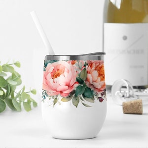 12 oz Wine Tumbler Wrap With Flowers Png File For Sublimation Designs, Floral Wine Cup Template, 12 oz Tumbler Png With Pink Peonies