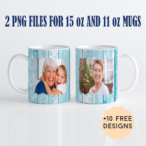 Tazza fotografica PNG con 2 cornici per tazza da 15 once, disegni per sublimazione di tazze con foto, blu, modelli di tazze da caffè in legno da 11 once, tazza per nonna