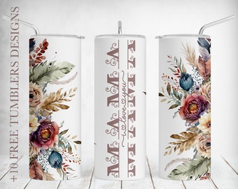 Mama Tumbler Sublimation Designs Downloads, 20 oz Skinny Cups Template, I Love Mama Png, Mothers Day Tumbler Template With Flowers, Seamless