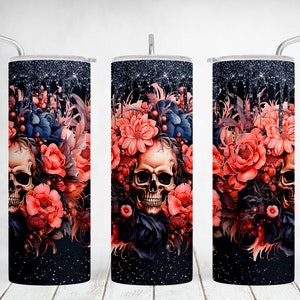 Skull Tumbler Wrap With Black Glitter, Flowers Sublimation Designs For 20 OZ Skinny Cups, Floral Skull Tumbler Png, Seamless Template