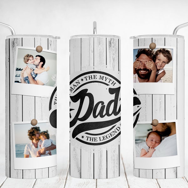 Dad Tumbler Wrap With 4 Polaroid Frames Father's Day Sublimation Designs Wood 20 OZ Photo Tumbler For 4 Pictures Brown Leather Seamless PNG