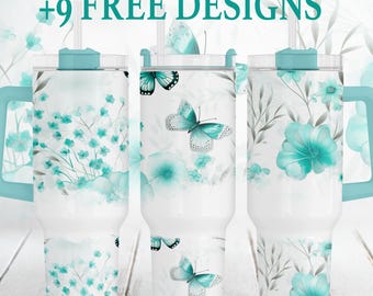 40oz Tumbler Wrap With Teal Butterflies Tumbler Png For Sublimation Designs, White Green Flowers Tumbler Templates, Mothers Day Gift For Mom
