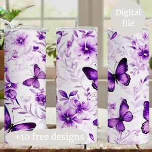 Tumbler Wrap Designs With Butterfly Purple Flower PNG Files Woman Sublimation Designs Downloads For 20oz Skinny Cups Seamless Template