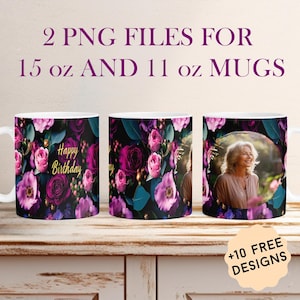 Alles Gute zum Geburtstag Becher Wrap mit 1 Rahmen personalisierte Becher Png Bild Becher Png für 11 oz 15 oz Becher Sublimation Designs Fototasse Png mit Blumen