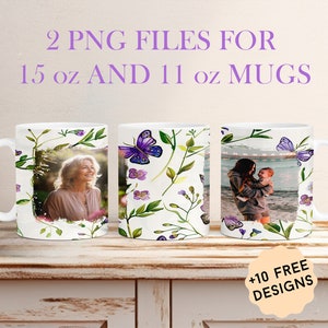 Tazza con foto personalizzata con 2 cornici, tazza personalizzabile in formato PNG, disegni a sublimazione a forma di farfalla per tazze da 11 oz e 15 oz, tazza da caffè