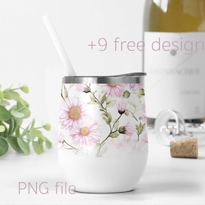 Emballage floral de verre à vin de 12 oz avec asters, motifs par sublimation, modèle de verre à vin fleur de naissance septembre, verre à vin de mariée personnalisé Png