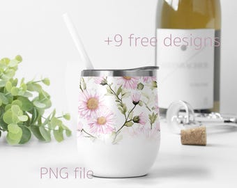 Floral 12 oz Wine Tumbler Wrap With Asters, Sublimation Designs, September Birth Flower Wine Tumbler Template, Custom Bride Wine Tumbler Png