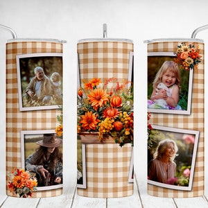 Tumbler con foto personalizzata con fiori autunnali, disegni a sublimazione, 4 cornici per bicchieri in formato PNG per tazze sottili da 20 once, senza cuciture