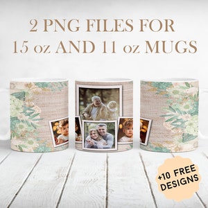 Personalisierte Fotobecherverpackung mit 4 Rahmen, 15 Unzen 11 Unzen Bilderbecher-Sublimationsdesigns, anpassbare Kaffeetasse Png, Geschenk für Oma
