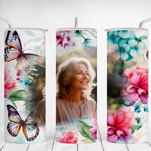 Copo de imagem envoltório para vovó Copo de imagem com foto única borboleta flores Png arquivos design de sublimação para copo magro de 20 onças sem costura