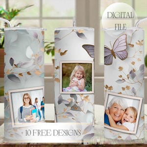 3 Picture Frame Tumbler Wrap 3D Butterfly Photo Tumbler Png With 3 Photos Mother's Day Sublimation Designs For 20OZ Skinny Cups Seamless