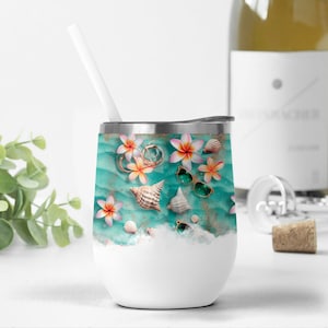 Envoltura para vaso de vino con conchas marinas, archivos PNG de playa para diseños de sublimación, descargas, plantilla de vaso de vino de verano, vaso tropical de 12 oz, PNG
