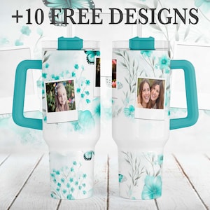 40 oz Picture Tumbler Wrap With Butterflies Photo Quencher Tumbler Png For Sublimation Design Flowers Tumbler Template For 3 Polaroid Photos