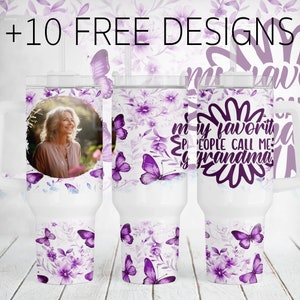 Gobelet photo 40 oz avec papillons violets Gobelet photo grand-mère Png sublimation Modèle 40 oz gobelet grand-mère pour 1 photo