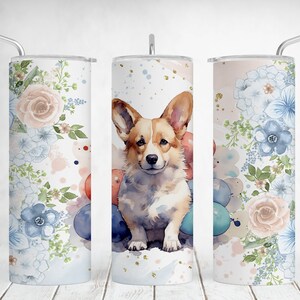 Hund Tumble Wrap für Sublimations-Designs, Corgis Png-Dateien für 20 Unze Skinny Cups, Haustier Tumbler Wrap Png für Hundemama, Florale, nahtlose Vorlage