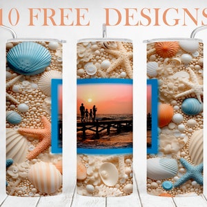 Envoltura para vaso con foto, marco para fotos, vaso para una familia, diseños de sublimación de fotos, envoltura para vaso delgado de 20 oz, conchas marinas sin costuras, PNG