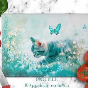 Tabla de cortar PNG con diseños de sublimación de gato. Plantilla de tabla de cortar de vidrio con diseño de gato y mariposa. Regalos para suegras.
