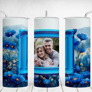 Envoltório de copo de uma imagem, copo de imagem com foto única, arquivos Png de flores azuis para designs de sublimação para copos magros de 20 OZ, sem costura
