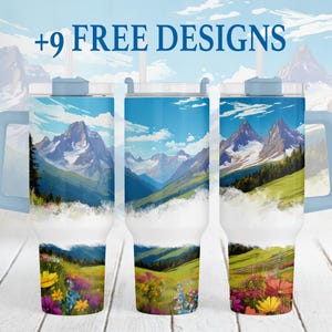 Envoltório de copo de 40 oz com desenhos de sublimação de natureza de montanhas, envoltório de copo floral, modelo de copo de 40 oz, ilustração inspirada na natureza