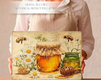 Op de afbeelding: Vintage-stijl illustratie met een pot honing, een honingdipper en een kleiner potje. Bijen en madeliefjes zijn ook afgebeeld. De tekst bovenaan luidt: DIGITAL FILE ONLY, NO PHYSICAL PRODUCT WILL BE SENT.