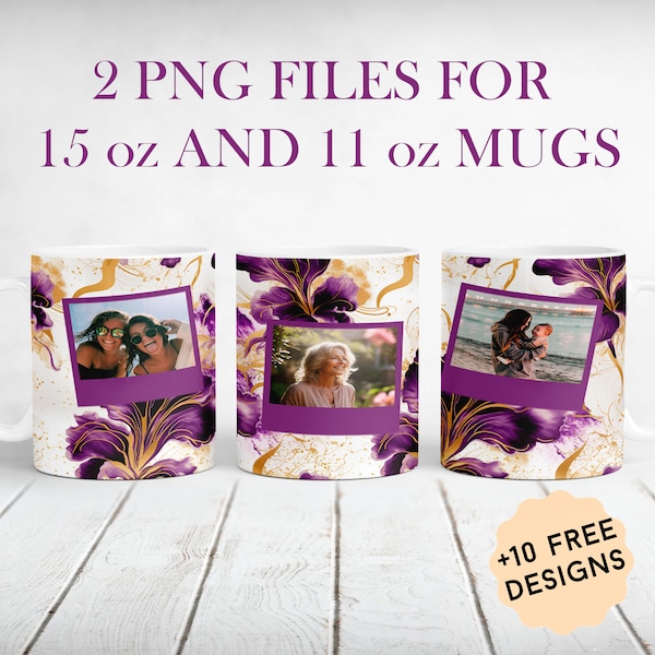 Photo Mug Wrap With 3 Frames, 3 Pictures Mug Wrap For Mom, Personalized Mug Sublimation Designs, Floral Coffee Mug Png, Mother's Day Gifts