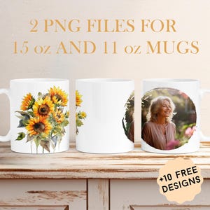 Tazza fotografica avvolgente con 1 cornice, tazza con foto in formato PNG per tazze da 11 once, disegni per sublimazione di tazze da 15 once, tazza fotografica in formato PNG con girasoli, tazza personalizzata