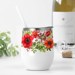 Disegni di involucri per bicchieri da vino con fiori rossi, bicchieri da vino da 12 once, disegni di sublimazione floreale, modello per bicchieri da matrimonio per bicchieri da vino da 12 once