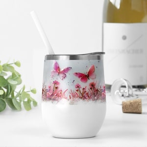 Butterfly 12 oz Wine Tumbler Wrap With Pink Flowers, Summer Sublimation Designs, Wine Tumbler Template, 12 oz Wine Tumbler Designs