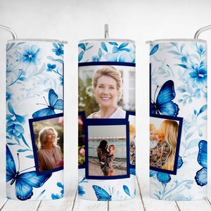 Picture Tumbler Wrap With Butterflies, Photo Tumbler With 4 Images, Blue Flowers Tumbler Sublimation Designs For 20 OZ Skinny Cups, Seamless