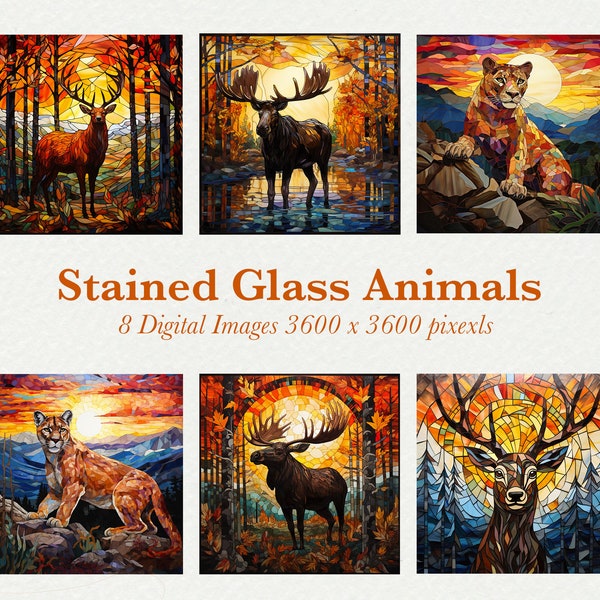 Stained Glass Animals Digital Prints For Sublimation Designs Fall Landscape Background Printable Wall Art Digital Scrapbooking Card Making