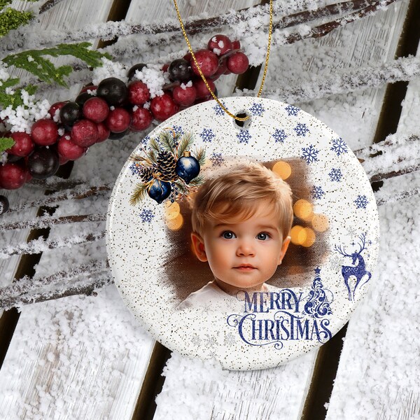 Christmas Photo Ornament Template, Custom Photo Ornament Sublimation Designs, Blue, Round Ornament Png With Picture, First Christmas Gift