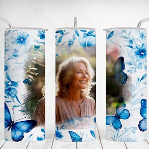 One Picture Tumbler Wrap, Customisable Tumbler With Single Photo, Blue White Flowers Png Sublimation Designs For 20 OZ Skinny Cups, Seamless