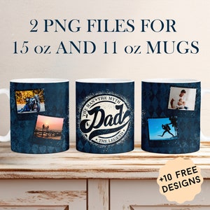 Personalisierte Fototasse Wrap für 4 Bilder, Vatertag Sublimationsdesigns für 11 Unze 15 Unze Tassen, blaue Kaffeetasse Vorlage, Papa Becher Png