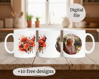 Photo Mug Wrap With 1 Frame, Picture Mug Png For 11 oz, 15 oz Mug Sublimation, Photo Mug Template With Flowers, Personalized Gift For Mom