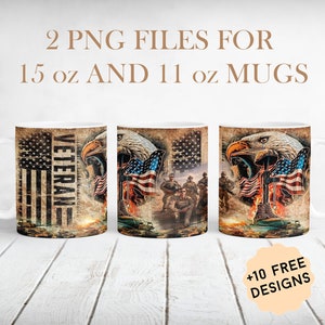 May include: Two white ceramic mugs with a design featuring an American flag, an eagle, and soldiers. The text "VETERAN" is visible on the mug. The mugs are available in 11 oz and 15 oz sizes.