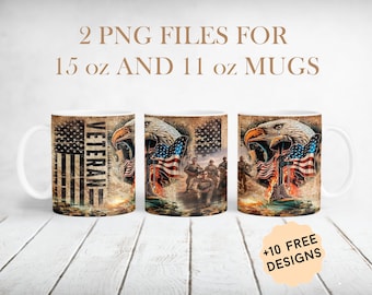 One Picture Mug Wrap For Veterans With Eagle, American Flag Mig Sublimation Design, Patriotic Mug Png With 1 Photo, Military Mug Background