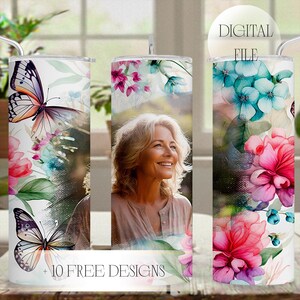Picture Tumbler Wrap For Grandma, Image Tumbler With Single Photo Butterfly, Flowers Png, Sublimation Design For 20oz Skinny Cup, Seamless image 1