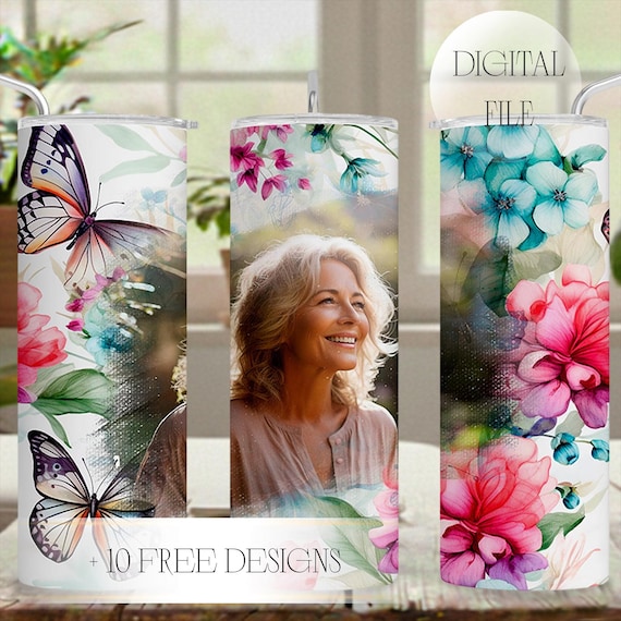 Picture Tumbler Wrap For Grandma, Image Tumbler With Single Photo Butterfly, Flowers Png, Sublimation Design For 20oz Skinny Cup, Seamless