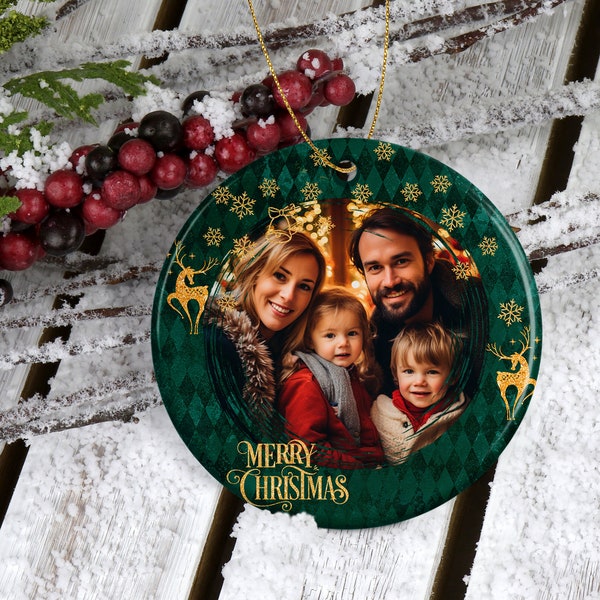 Christmas Photo Ornament Design, Custom Photo Ornament Sublimation Designs, Green, Round Ornament Png With Picture, First Christmas Gift Png