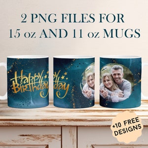 Mug Wrap mit einem Rahmen alles Gute zum Geburtstag personalisierte Tasse Png Sublimationsentwurf für 11 Unze 15 Unze Papa Bild Mug Wrap Blaue Kaffeetasse Vorlage