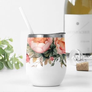 12 oz Wine Tumbler Wrap Designs With Flowers Png File For Sublimation Design Pink Floral Wine Cup Template 12 oz Tumbler Png With Peonies