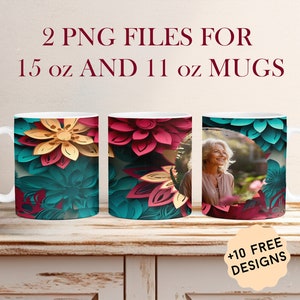 Customisable Photo Mug Wrap, Picture Mug Png For 11 oz Cups, 3D Flowers 15 oz Mug Wrap For Sublimation Designs, Photo Coffee Mug Template