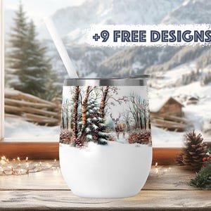 Emballage de gobelet à vin 12 oz, Motifs de sublimation de paysage d'hiver, Gobelet à vin png avec cerf, gobelet nature png, cadeau de Noël pour mari