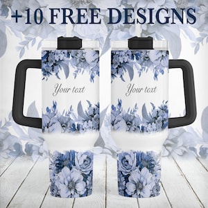 Envoltura de vaso de 40 oz con flores azules, diseño personalizado de sublimación de vaso de 40 oz, agregue su nombre, texto, plantilla de vaso de quencher de boda