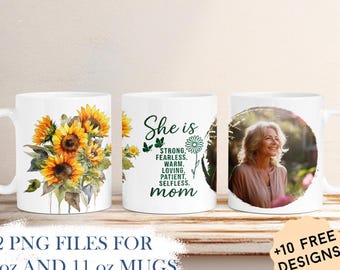 Tazza personalizzata con foto e 1 cornice, tazza con girasole in formato PNG per tazze da 11 oz e 15 oz, design per sublimazione, tazza con foto in formato PNG, regali personalizzati per la mamma