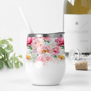Wine Cup Wrap Png, Floral Tumbler Template, Sublimation Designs For 12 oz Wine Tumblers, Pink Flowers Wine Cup, Birthday Wine Tumbler Png