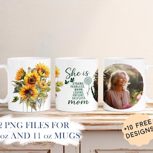 Emballage de tasse photo personnalisé avec 1 cadre, Mug tournesol PNG pour 11 oz, Mugs à sublimation de 15 oz, Mug photo png, cadeaux personnalisés pour maman